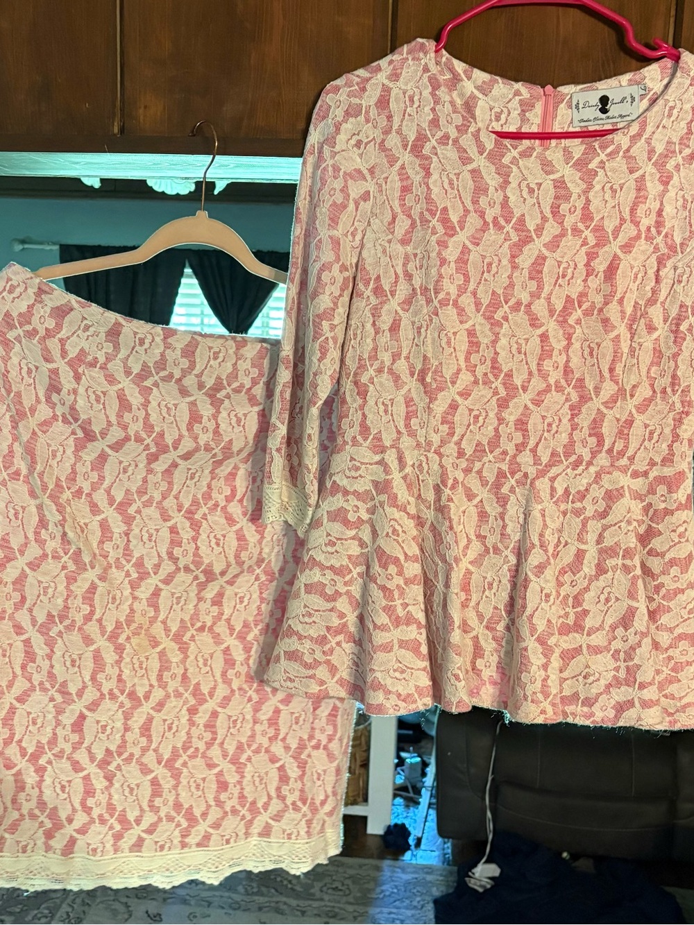 Dainty Jewells Pink and Cream Lace Peplum Blouse & skirt